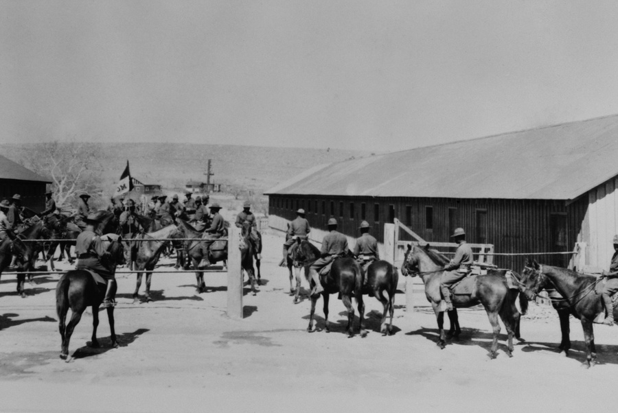 African American 'Buffalo Soldiers' at Fort Huachuca, Cavalry Stables, Sierra Vista, Arizona. 1928. (BSLOC_2015_16_132)